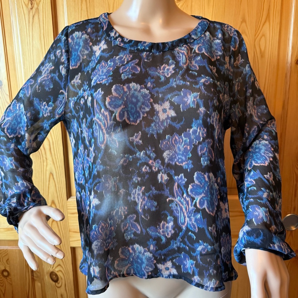 ASTR Blouse Top Blue Black Floral Semi Sheer Open Back M Floral Boho